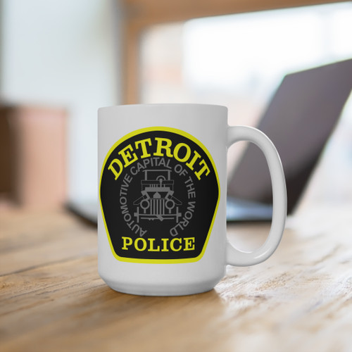 Detroit Michigan Police Patch White Mug - Law Enforcement Small Emblem Coffee Cup 11oz 15oz 20oz