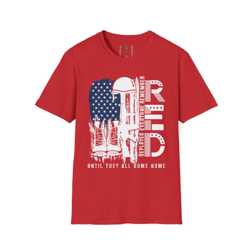 RED Remember Everyone Deployed USA Patriotic Military Tribute Softstyle T-Shirt — "Until They All Come Home"