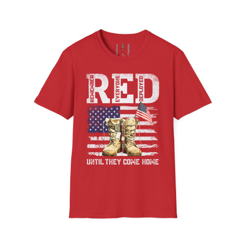 RED Remember Everyone Deployed USA Patriotic Military Boots Tribute Softstyle T-Shirt — "Until They Come Home"