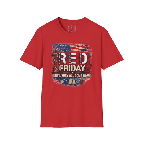 RED Remember Everyone Deployed USA Patriotic Military Dog Tags Tribute Softstyle T-Shirt — "Until They All Come Home"