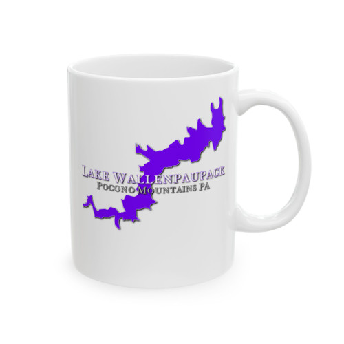 Lake Wallenpaupack Pocono Mountains PA Map Mug - Purple Lake Silhouette Grey White Coffee Cup 11oz 15oz