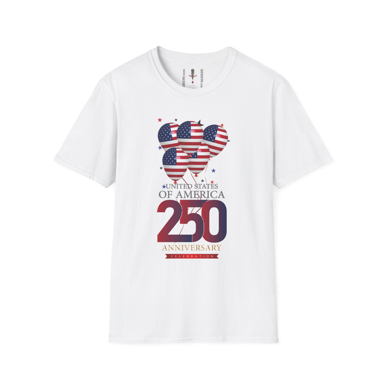 USA 250 Anniversary Celebration Flag Balloons Softstyle T-Shirt — United States of America Patriotic Design