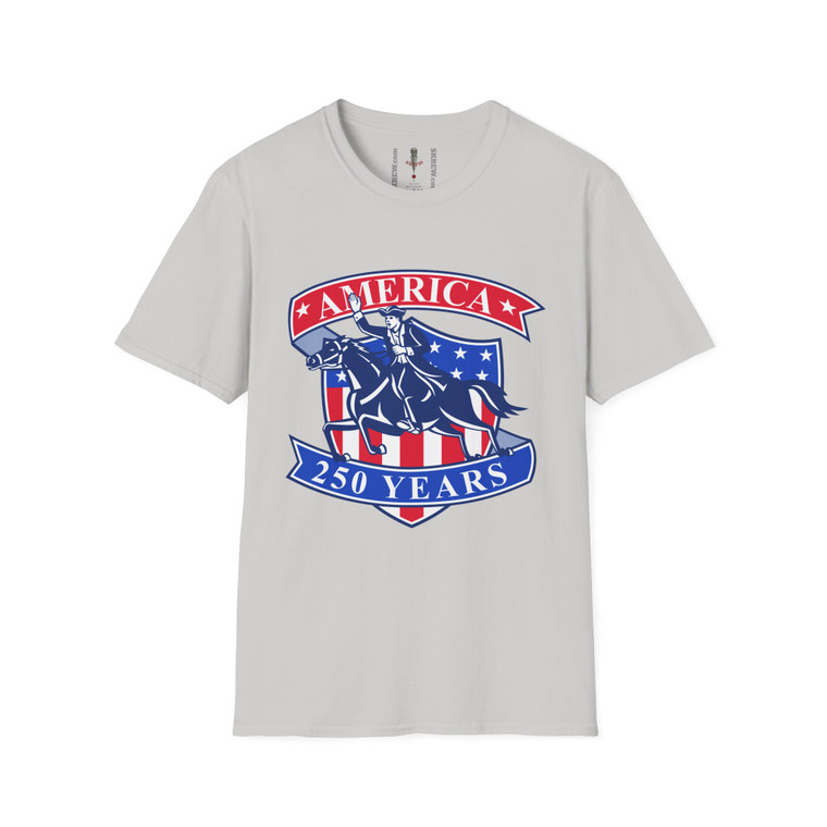 America 250 Years Paul Revere Flag Shield T-Shirt — Patriotic Revolutionary War Design Semiquincentennial Sestercentennial Quarter-millennial