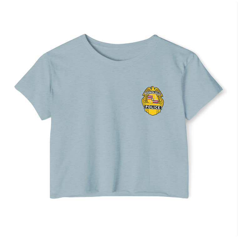 Honolulu Hawaii Police Badge Festival Graphic Crop Top T-Shirt — Small Chest Emblem, Law Enforcement Tribute Tee