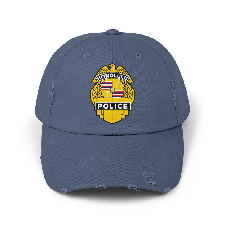 Honolulu Hawaii Police Badge Graphic Distressed Cap — Small Chest Emblem, Law Enforcement Tribute Baseball Hat