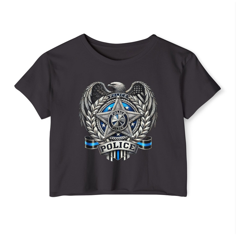 Police Badge Shield Star Eagle Crop Top T-Shirt - Thin Blue Line Memorial Law Enforcement Women's Festival Tee