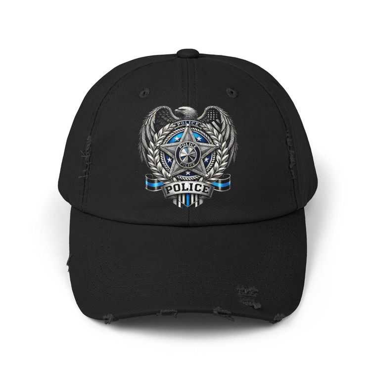 Police Badge Shield Star Eagle Distressed Hat - Thin Blue Line Memorial Law Enforcement Support Cap