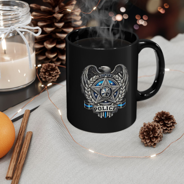Police Badge Shield Star Eagle Black Mug - Thin Blue Line Memorial Law Enforcement Coffee Cup