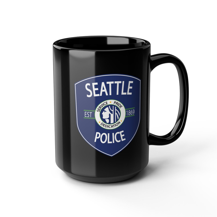 Seattle Washington Police Patch Black Coffee Mug - Law Enforcement Small Emblem Cup 11oz 15oz