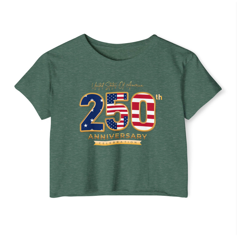 United States of America 250th Anniversary Crop Top T-Shirt — Patriotic American Flag Celebration Women's Tee Semiquincentennial