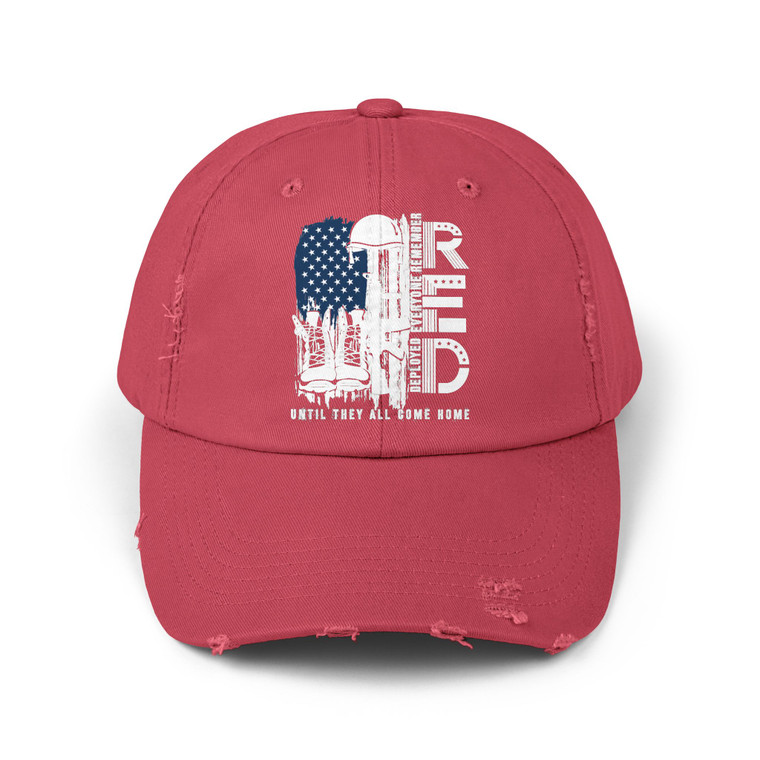 RED Remember Everyone Deployed USA Patriotic Military Tribute Distressed Cap Baseball Hat — "Until They All Come Home"