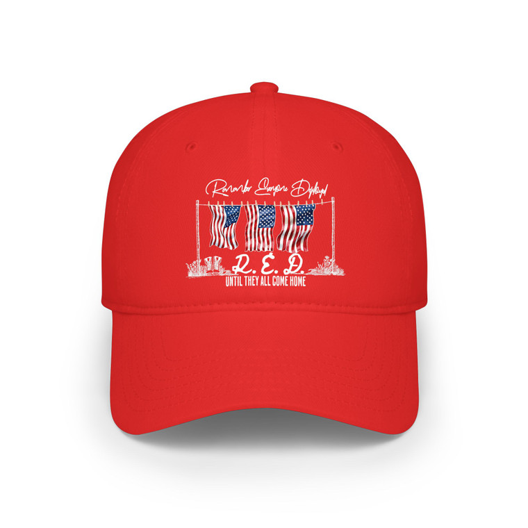 RED Remember Everyone Deployed USA Patriotic Military USA Flags Tribute Low Profile Cap Baseball Hat — "Until They All Come Home"
