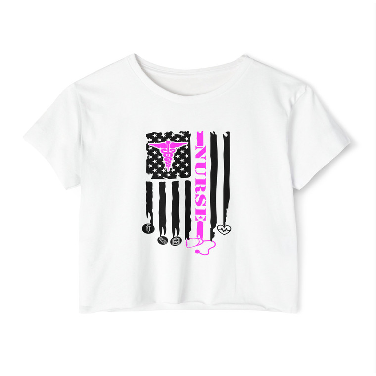 Nurse Caduceus Logo Stethoscope & USA Flag Crop Top T‑Shirt — Retro Icon Nursing Women's Festival Tee