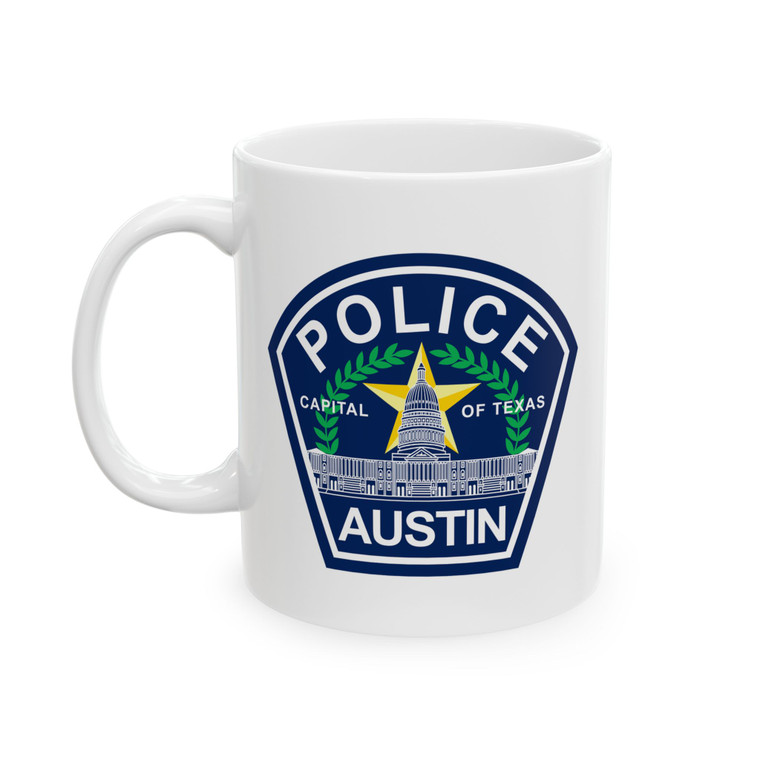 Austin Texas Police Patch White Coffee Mug — Law Enforcement Small Emblem Cup 11oz 15oz