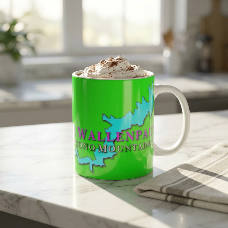 Lake Wallenpaupack Pocono Mountains PA Map Morphing Mug - Turquoise Lake Silhouette Magenta Coffee Cup 11oz 15oz