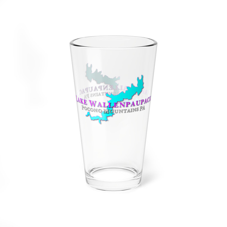 Lake Wallenpaupack Pocono Mountains PA Map 16oz Mixing Glass - Turquoise Lake Silhouette Magenta Bar Glass