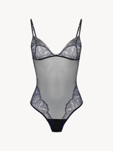 Bodysuit in Steel Blue and Black with Leavers lace_0