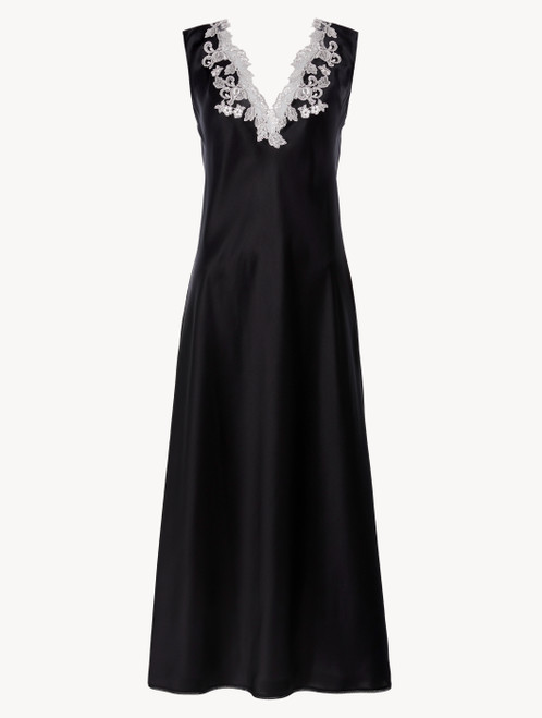 Black silk satin long nightgown with frastaglio_0