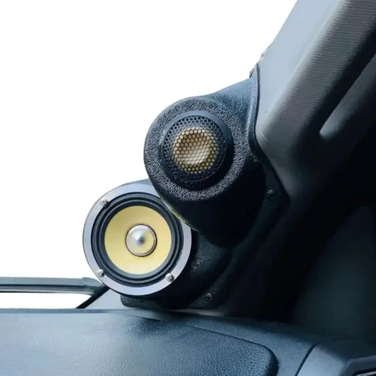 Single 3.50 in + Single Tweeter Speaker Pods Compatible with The Lower A-Pillar of a 07-14 GM Full Size Truck - Black Stainless Steel Finish Single 6.5\u2033 and Single 3.5\u2033 and Single Tweeter Speaker Pods for