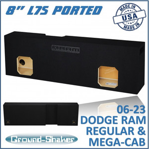 black 8" dual ported solo-baric sub box, fits 06-23 dodge ram regular and mega cab