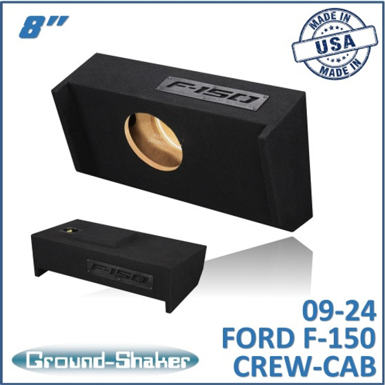 black 8" single sealed sub box, fits 09-24 ford f-150 crew-cab