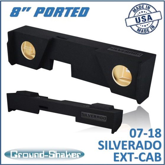 black 8" dual ported sub box, fits 07-18 chevy silverado extended cab