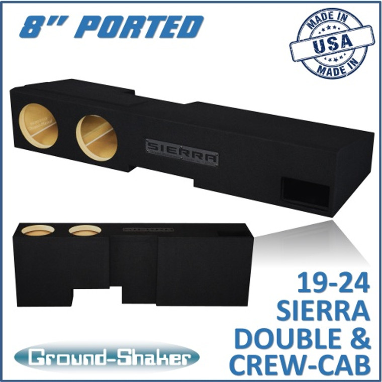 black 8" dual ported sub box, fits 19-24 gmc sierra double & crew-cab