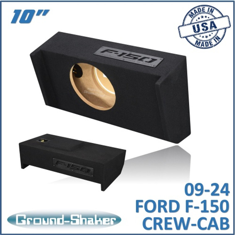 black 10" single sealed sub box, fits 09-24 ford f-150 crew-cab