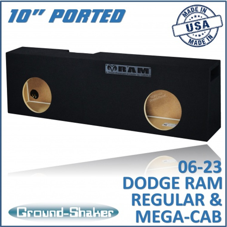 black 10" dual ported sub box, fits 06-23 dodge ram regular and mega cab