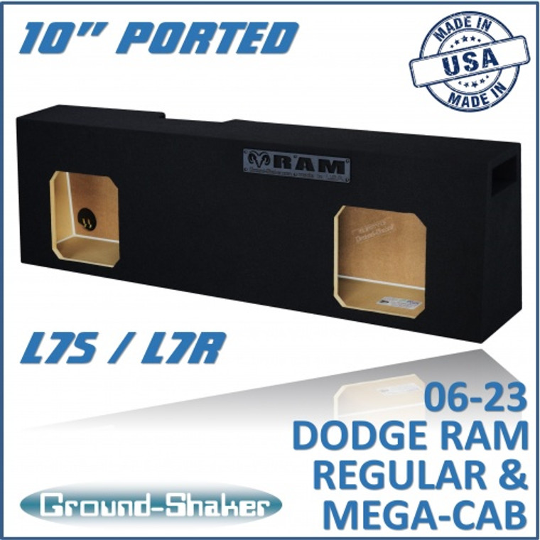 black 10" dual ported solobaric sub box, fits 06-23 dodge ram regular and mega cab