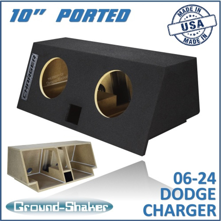 black 10" dual ported sub box, fits 06-24 dodge charger