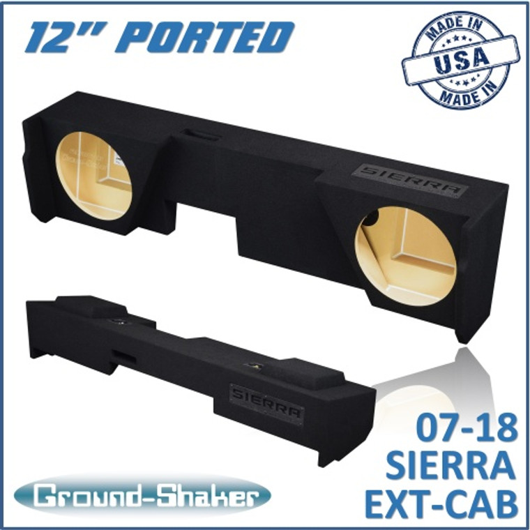 black 12" dual ported sub box, fits 07-18 gmc sierra extended cab