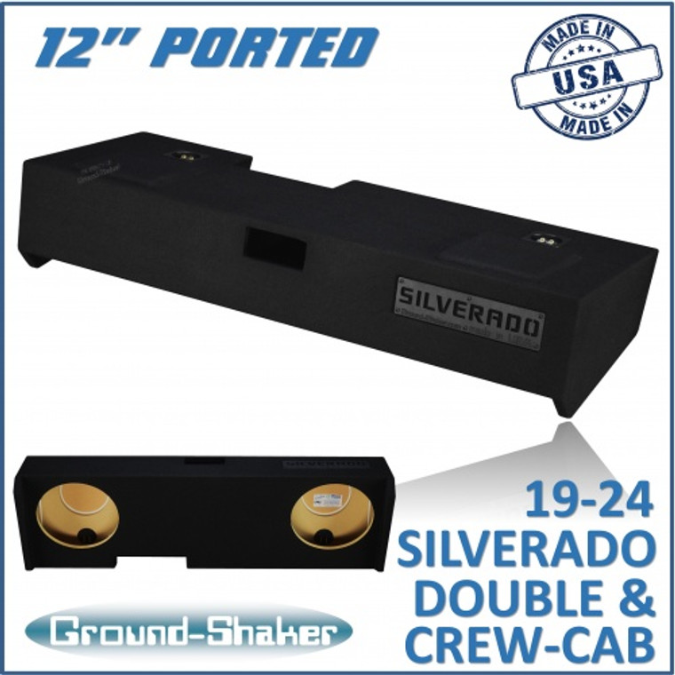 black 12" dual ported sub box, fits 19-24 chevy silverado double & crew-cab