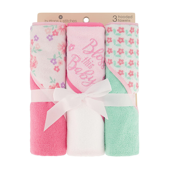 Baby Girl 3 Pack Rolled/Carded Hooded Towels