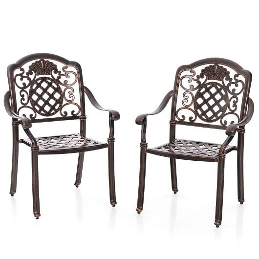 Patio Cast Aluminum Dining Chairs Set of 2 Metal Armchairs Stackable-Copper - Color: Copper D681-NP11470WN-2
