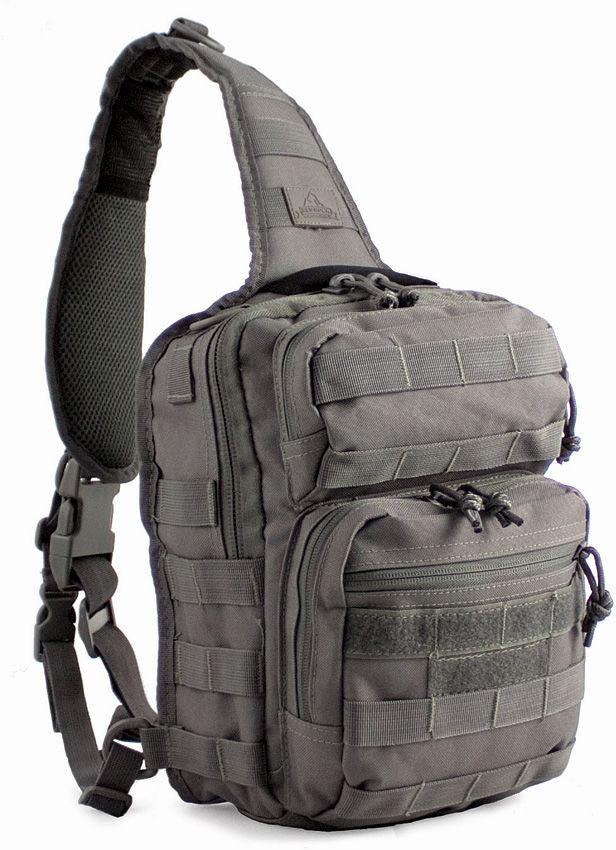 Front view of Red Rock Rover Sling Pack in Tornado Gray – showing MOLLE webbing, zippered compartments, and tactical sling design