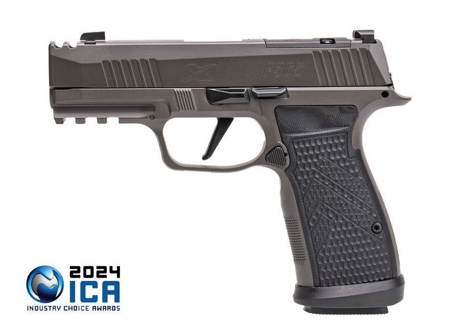Left side view of P365 AXG Legion 9mm – displaying slide serrations, trigger detail, and steel magazine insertion