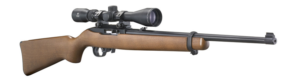 Close-up angled front view of Ruger 10/22 barrel and Viridian scope – highlighting optic, barrel crown, and rail interface Close-up angled front view of Ruger 10/22 barrel and Viridian scope – highlighting optic, barrel crown, and rail interface