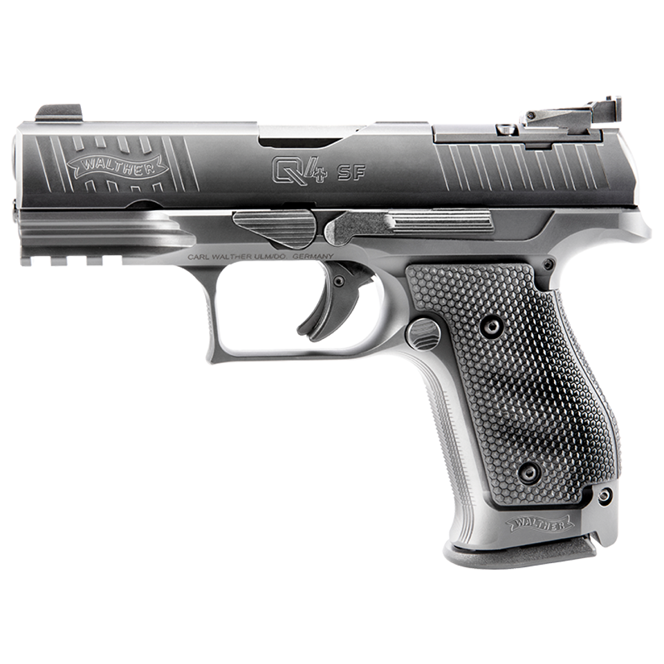 Left side profile of Walther Q4 Match SF – highlighting trigger guard contour, mag release, and slide design