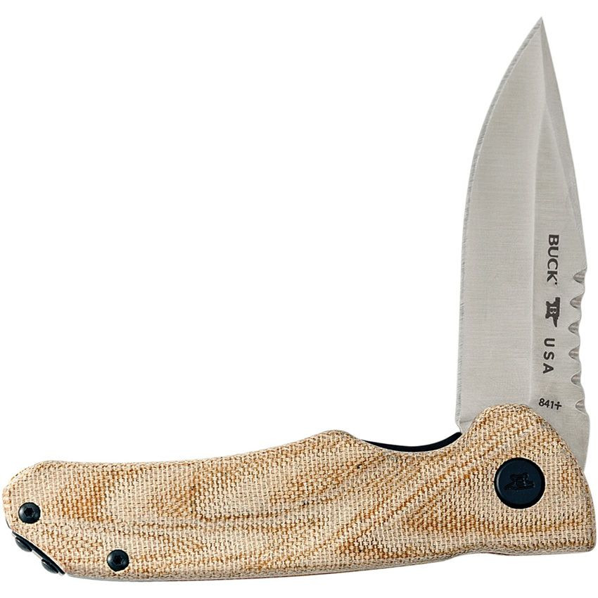 Right-side view of the Buck 841 Sprint Pro folding knife with blade open, featuring a burlap Micarta handle and satin-finished CPM S30V drop point blade.