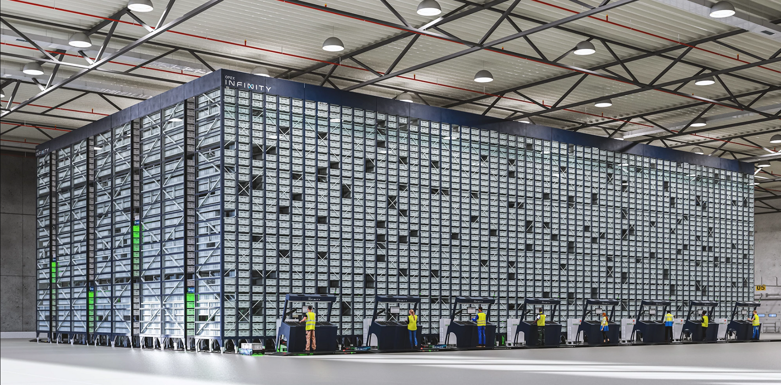 Warehouse employees operate ASRS Opex Infinity system
