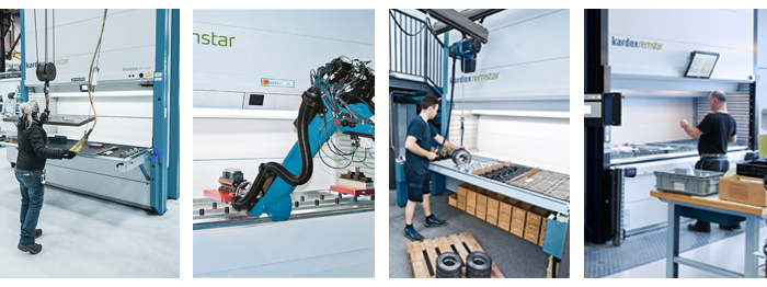 Four images of employees and robotic arm picking from VLMs