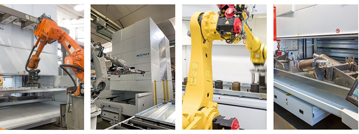 Four images of robotic arms picking from VLMs