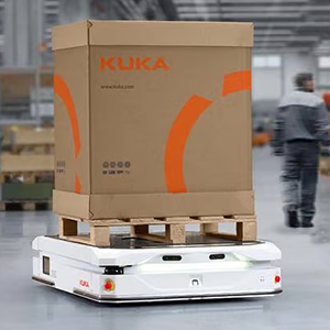 AMR robot with pallet and box with KUKA logo