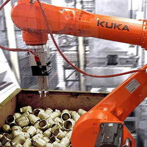 KUKA picking robot picks parts from a crate