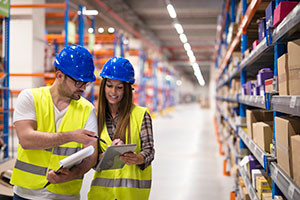 Warehouse workers conversing over a clipboard