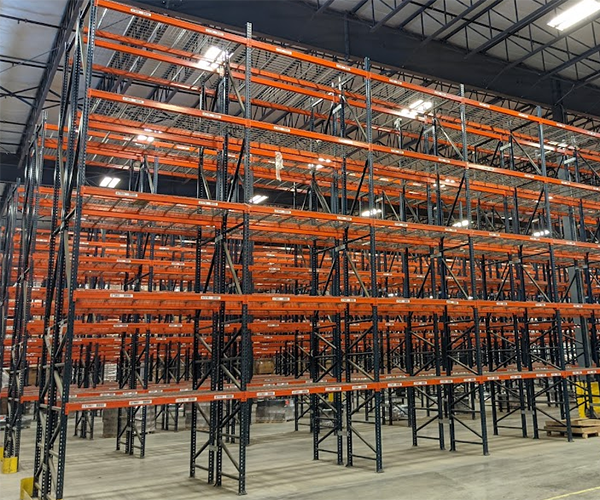Empty pallet racking in a warehouse.