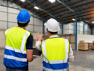 Two warehouse material handling professionals wearing safety gear assessing a large warehouse and strategizing on the best-customized layout.