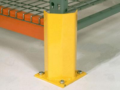 Image of a yellow column guard fully installed and showcasing how the metal piece helps safeguard uprights from impact.