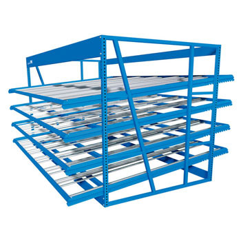 section of gravity flow rack with four storage levels